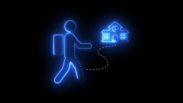 Neon student walking to school animation, education concept learning on black background .4k video animation 