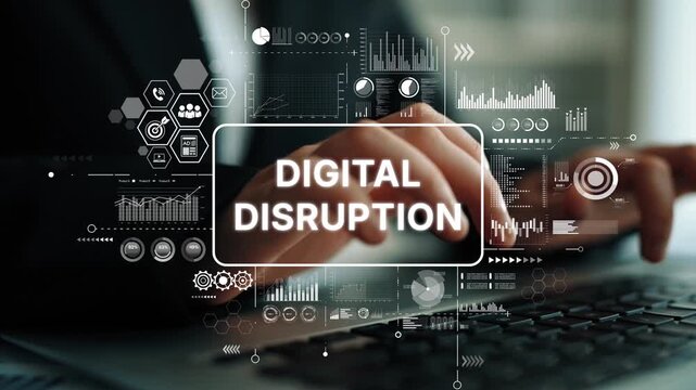 Hands Typing on Laptop with Overlay of Digital Disruption Graphics and Data Visualizations. Asymptotic smart data analytic.