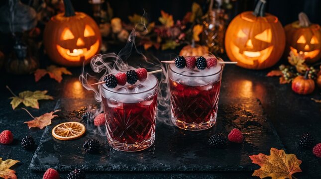 Two halloween themed cocktails with berries and smoke on a dark table