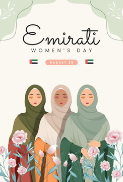 Elegant Emirati Women Characters with Emirati Women's Day Greeting Typography in Modern Flat Illustration Style for Poster, Banner and Social Media Template