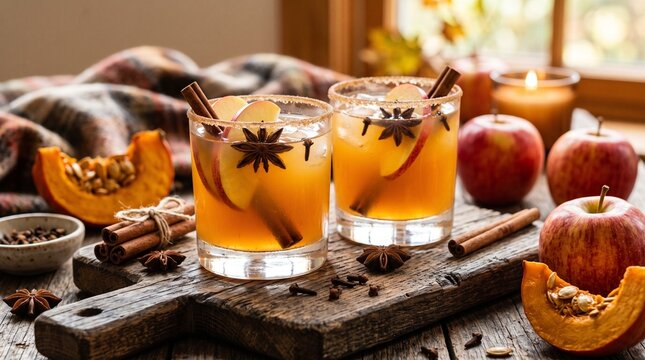 Two glasses of spiced apple cider with cinnamon and star anise garnish