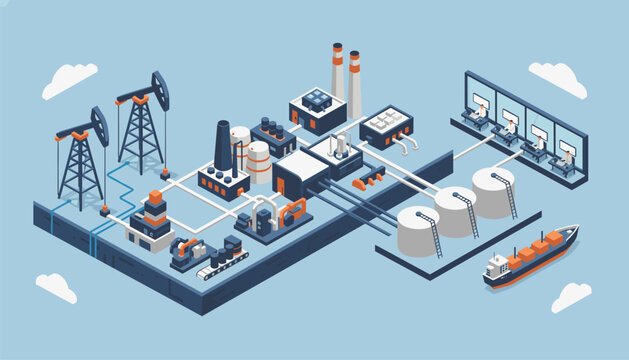 Isometric industrial chemical refinery and cargo port showing oil derricks, storage tanks, pipelines, and a cargo ship.