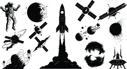 Set of vintage space exploration elements including astronaut, rocket launch, satellites, planets, space station, galaxy, and spacecraft in black and white vector style © Shahin