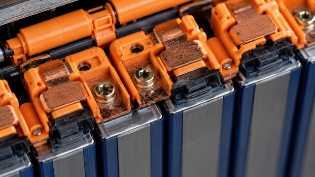 EV Battery Module Recycling Extreme Macro of Lithium Prismatic Cells with Copper Bus Bars, Orange Connectors and Torx Bolts
