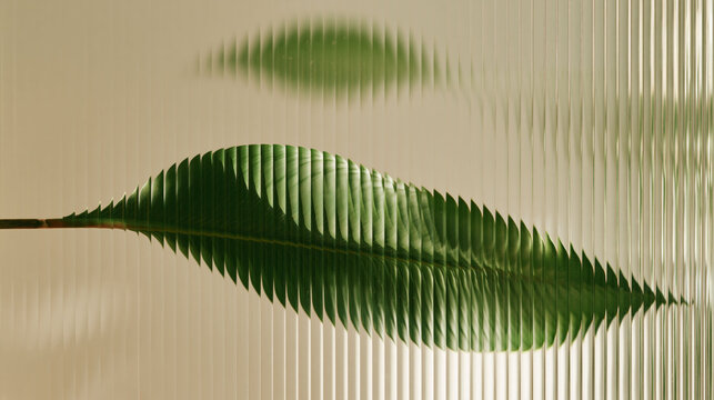 モールガラス越しに見える美しい緑色の葉 Reeded glass leaf distortion abstract design