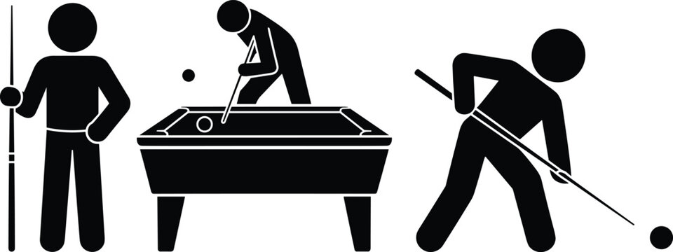 Billiards player icons &ndash; pool table stick figures playing snooker or cue sports in silhouette vector illustration set