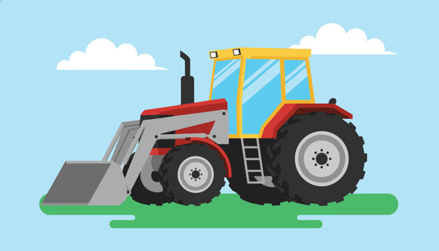 Red agricultural farm tractor with front loader bucket standing in a green field under a clear blue sky with white clouds.