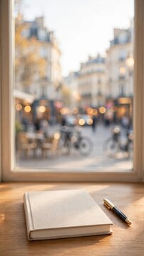 Blank notebook and pen on a wooden cafe table overlooking a blurred European street scene, representing slow travel, World Tourism Day, and mindful vacation planning.