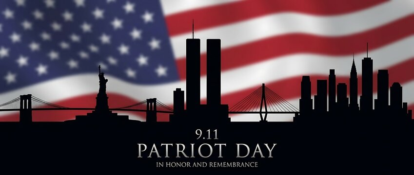 9 11 patriot day in honor and remembrance skyline with statue of liberty and twin towers against american flag background.