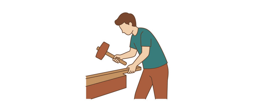 Woodworker hammering wood plank