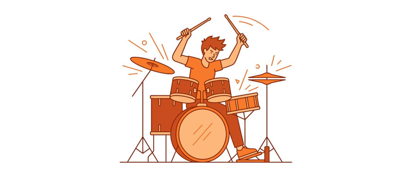 Young drummer playing drum set with energy and passion