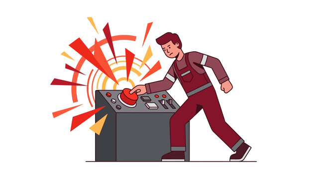 Worker Pushing Big Red Button on Control Panel