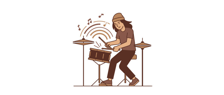 Young Person Playing Drums with Musical Notes