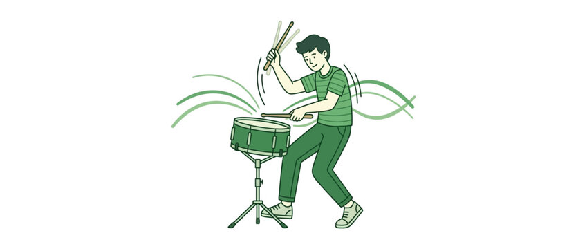 Young man playing drums with energy