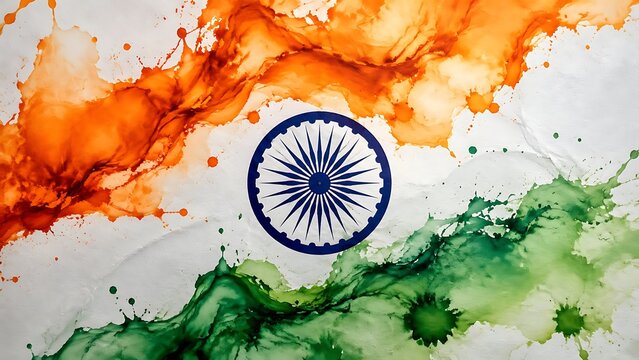 Artistic watercolor splash background in Indian national flag colors with Ashoka Chakra