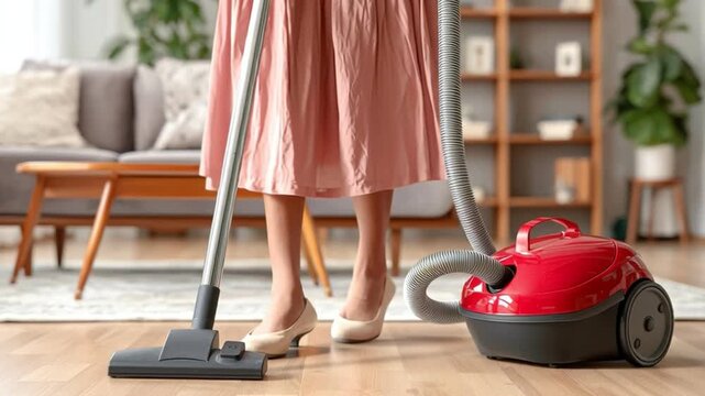 Vacuum cleaner woman skirt floor home living room cleaning hardwood floor indoor house appliance hose carpet furniture modern interior