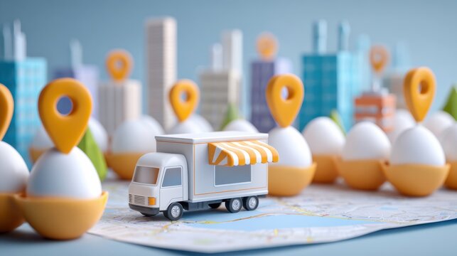 Boiled Eggs Pack Toy delivery truck on a map surrounded by location pins representing distribution or logistics networks.