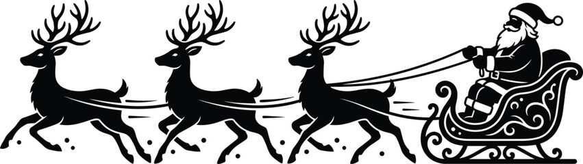 Santa Claus riding in sleigh pulled by three reindeer black silhouette vector illustration seasonal Christmas holiday concept graphic © MdBelal