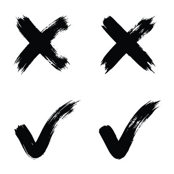 Grunge black ink check marks and cross symbols, hand drawn brush stroke tick and x icons, set of 4 textured vector elements for voting and checklists