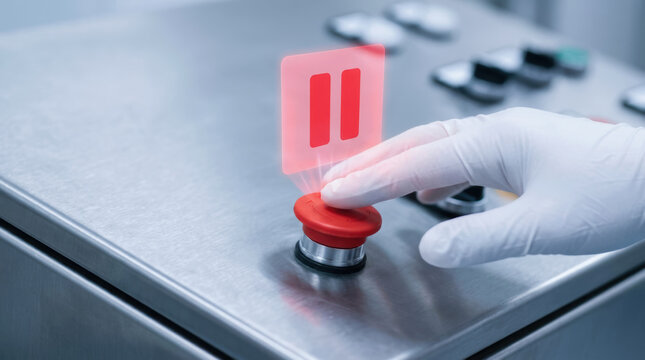 Emergency stop button on steel control panel manufacturing halt in factory with gloved hand and safety concept