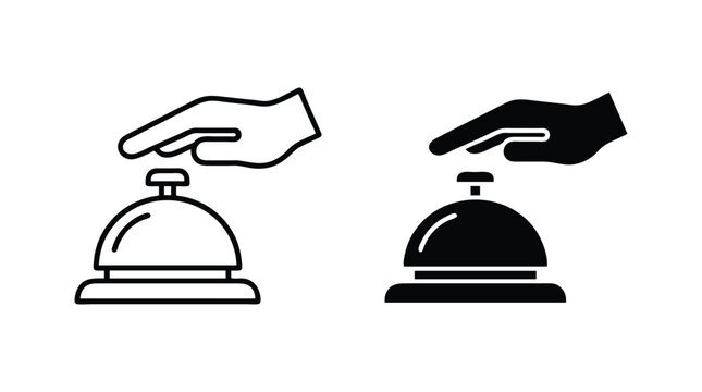 Hotel reception bell icon set, hand pressing service bell vector, concierge desk call button in outline and solid black styles for hospitality