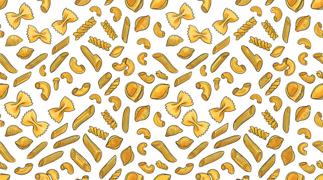 Hand drawn pasta seamless pattern with various noodle shapes on a white background vector illustration