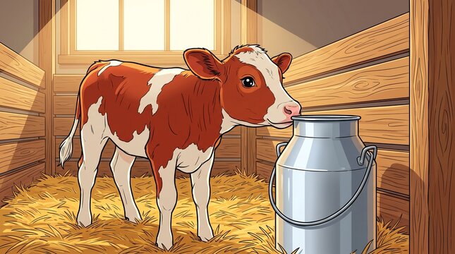 Cute young calf standing on straw inside a rustic wooden barn next to a stainless steel milk canister