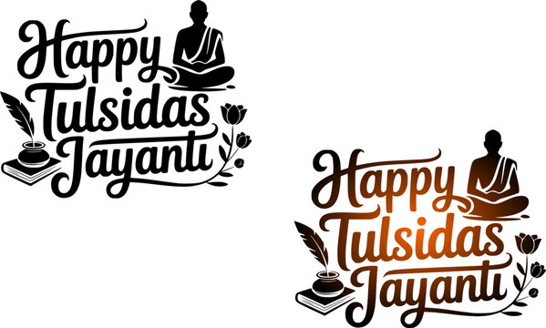Happy Tulsidas Jayanti calligraphy set with meditating saint silhouette, feather quill, inkpot, book, and lotus floral elements isolated on white background.