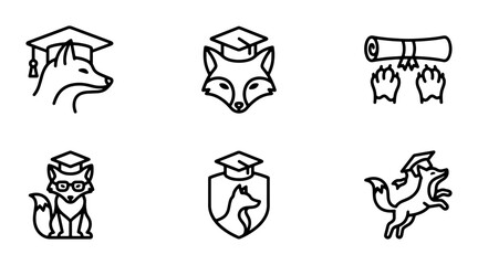 Fototapeta premium Clever Fox Graduation Icons, Academic Animal Vector Set, Education Symbol Collection, Smart Canine Graduate Graphics