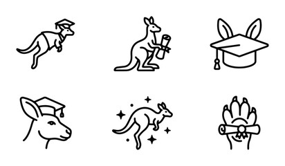Obraz premium Graduation Kangaroo Icons, Education Symbols, Academic Achievement Vector Set, University Graduation Caps and Diplomas