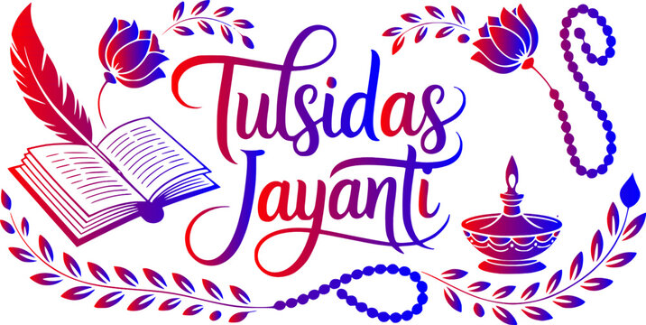 Tulsidas Jayanti calligraphy typography with open book feather quill lotus flowers oil lamp and prayer beads isolated on white background for Hindu festival poster.