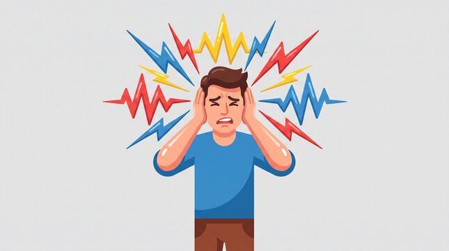 Stressed man suffering from a migraine headache with pulsating sound waves radiating from his head