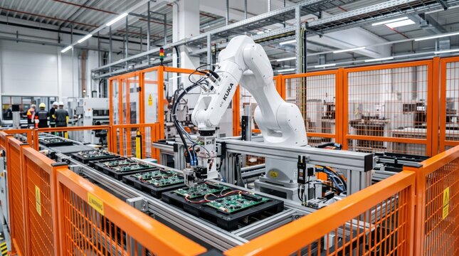 White robotic arm assembling electronic circuit boards on conveyor belt inside safety cage, high tech industrial automation system in smart factory environment, mass production
