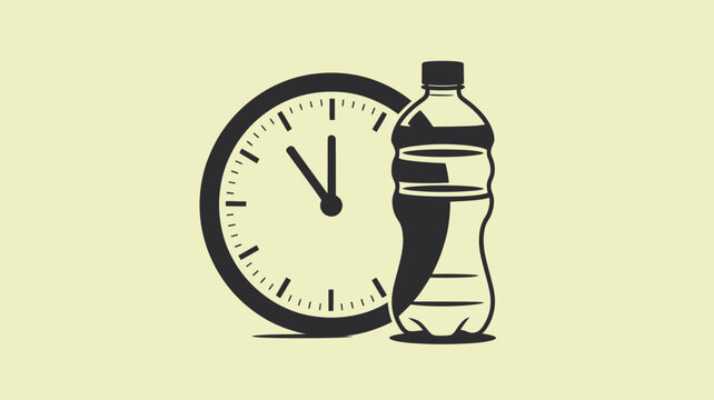 Bottle of water stands next to a classic round analog clock with hands pointing to time as a metaphorical representation of hydration schedules, health habits, and managing daily fluid consumption.