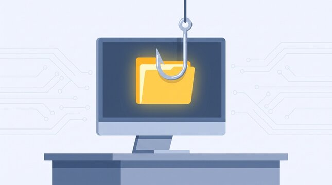 A fishing hook steals a digital folder from a computer monitor as a symbol of cyber security threats and data theft