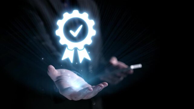 A hand reaches out toward a glowing badge representing quality and achievement, surrounded by stars symbolizing excellence, creating a sense of success and motivation. Qubit