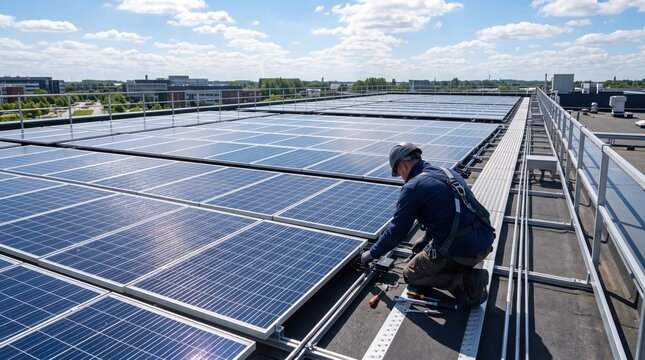 Worker installing solar panels on commercial building rooftop, renewable energy infrastructure construction and green technology implementation concept