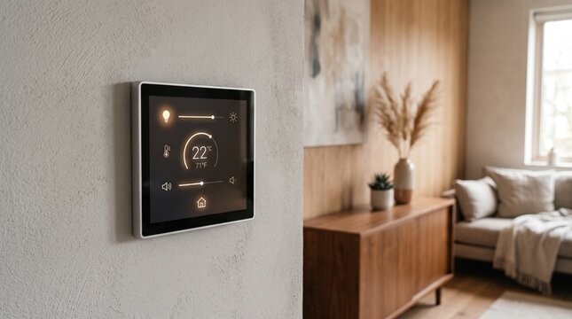 Modern smart home automation control panel mounted on wall displaying temperature settings in stylish living room interior, controlling lights and heating system for comfortable