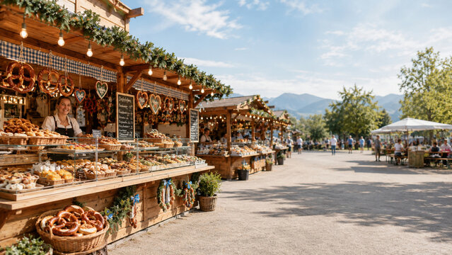 European festival food market with fresh traditional specialties