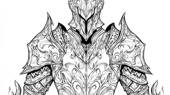 Intricate knight armor illustration in detailed line art for editorial use