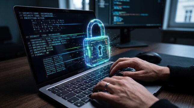 Cybersecurity with digital padlock, data protection and encryption technology, secure network firewall system, hacker defense mechanism, online privacy safety on laptop computer