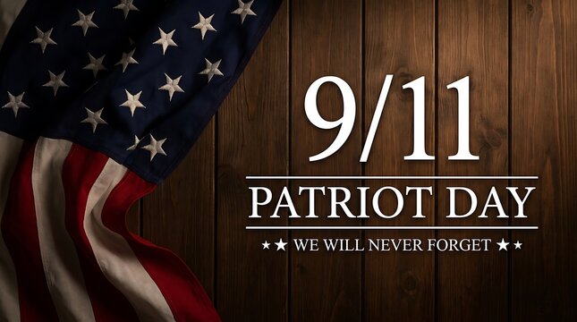 9/11 patriot day remembrance and honor for victims of terror attacks on september 11th 2001 we will never forget american flag wood background.