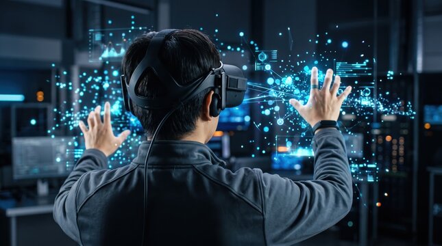 Man using virtual reality headset with futuristic holographic interface, digital data network concept for business technology and innovation in modern office environment.