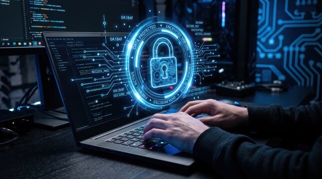Hacker typing code on laptop with glowing padlock symbol and firewall protection overlay, cybersecurity data encryption and internet safety technology concept.