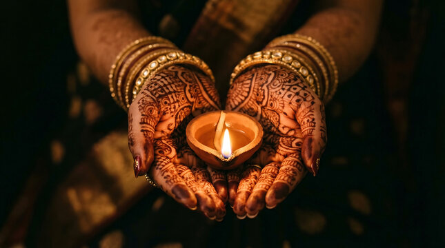 Bride Hennaed Hands Holding Small Clay Diya Flame Illuminating Mehendi Pattern From Below Magical Glow, Dark Background, Authentic South Asian Wedding Ritual Magic India