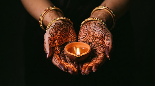 Bride Hennaed Hands Holding Small Clay Diya Flame Illuminating Mehendi Pattern From Below Magical Glow, Dark Background, Authentic South Asian Wedding Ritual Magic India