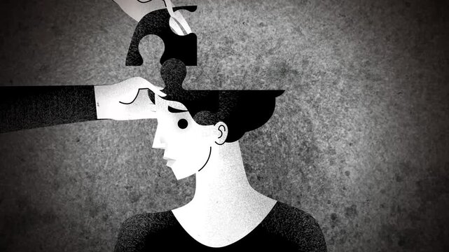 woman with her head formed by interlocking puzzle pieces
