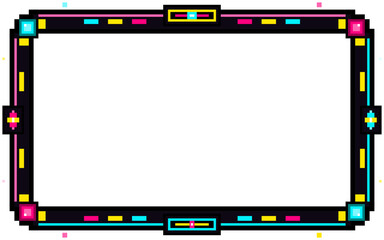 Fototapeta premium Vibrant Pixel Art Frame Border with Retro 8-bit Style Neon Pink, Blue, and Yellow Glowing Accents on Black
