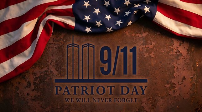 9/11 patriot day remembrance and honor for victims of terror attacks on september 11th 2001 we will never forget american flag rusty metal background.
