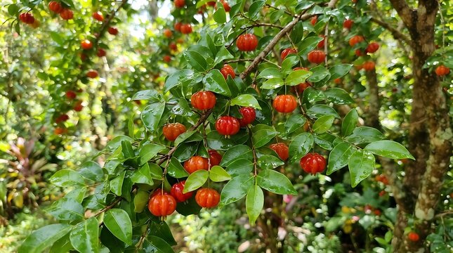 Ripe Red Pitanga Cherries Hanging on a Lush Green Tree Branch in Tropical Orchard, Healthy Organic Fruit Harvest